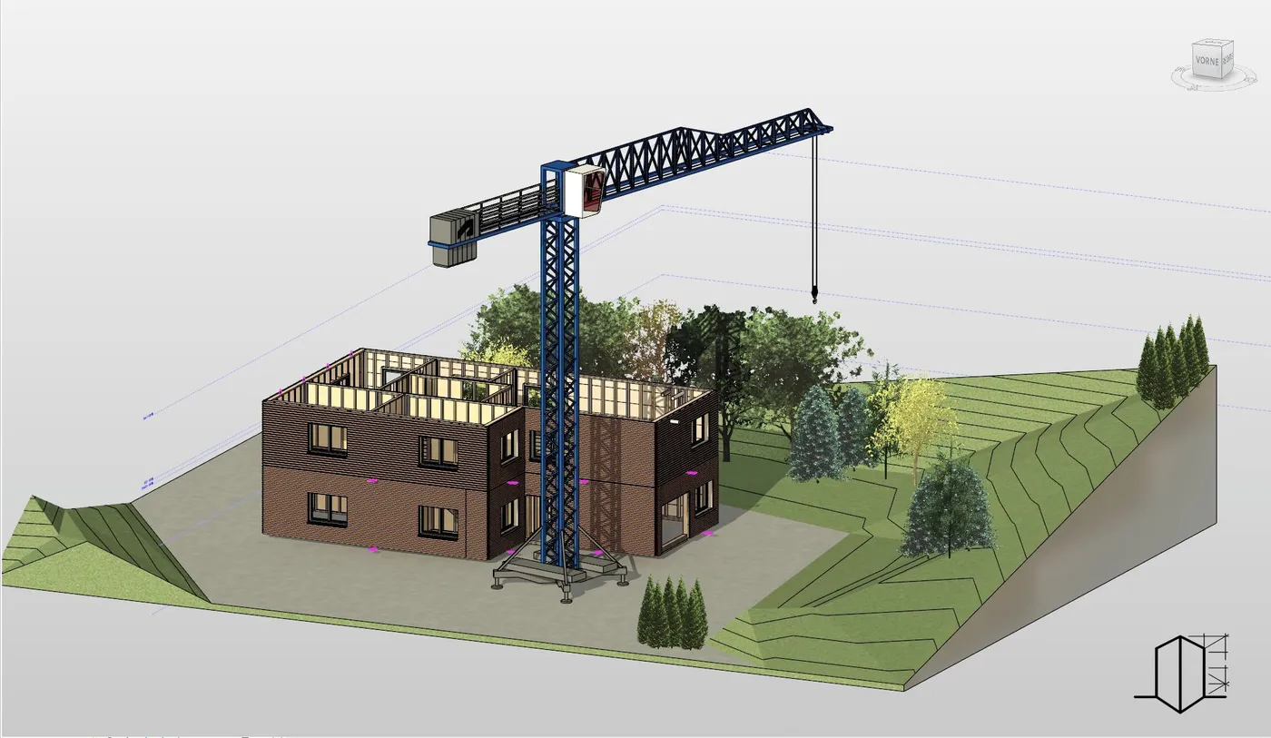 3D-Modell desselben Wohnhauses im Rohbau mit Kran und Baustelleneinrichtung